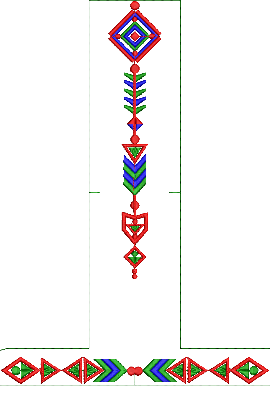 Embroidery design: A vertical embroidery design with a repeating geometric pattern in red, green, and blue, including diamonds and chevrons