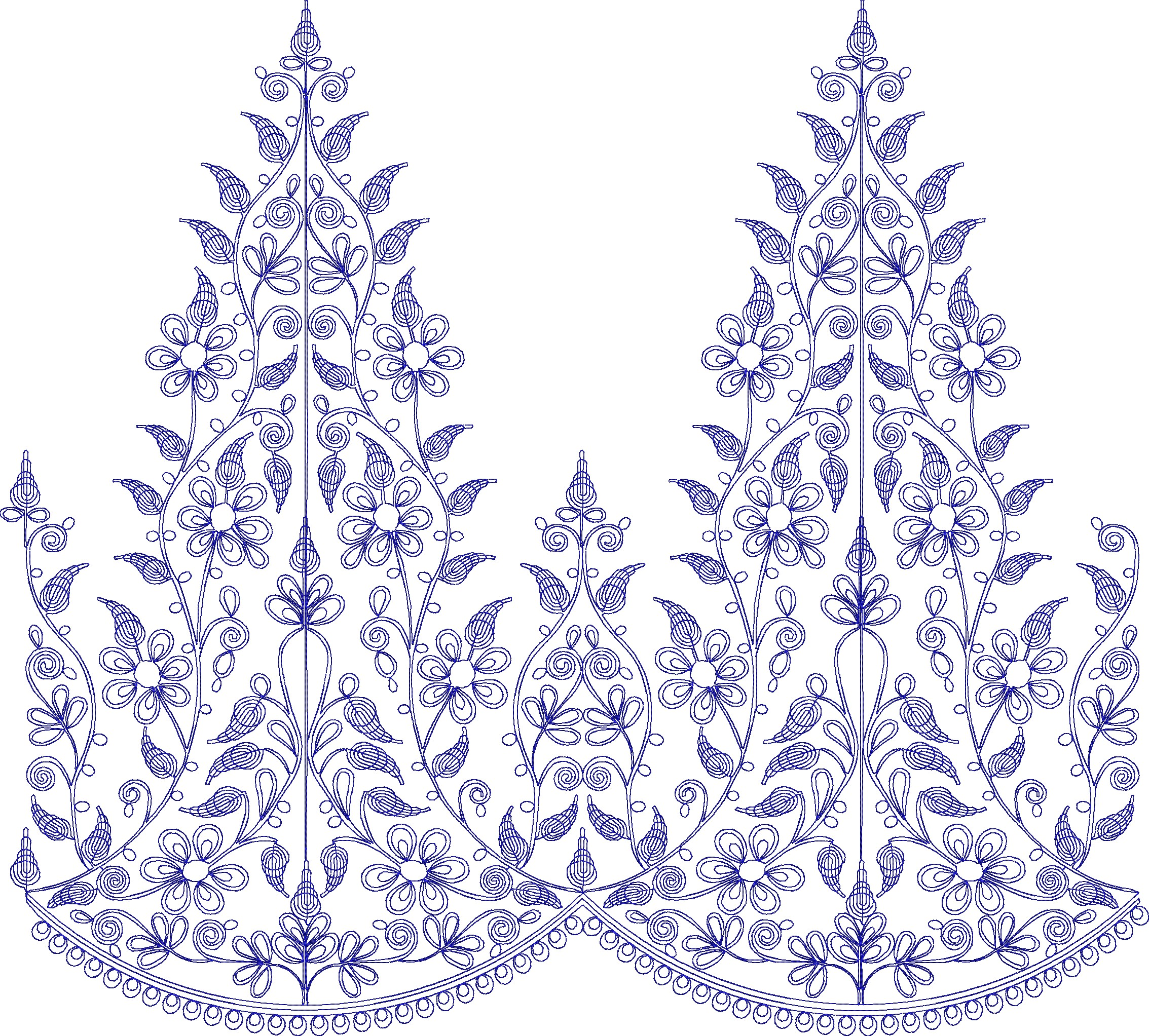 Embroidery design: A symmetrical blue embroidery design featuring a floral border with scrolling vines, leaves, and flowers, incorporating 