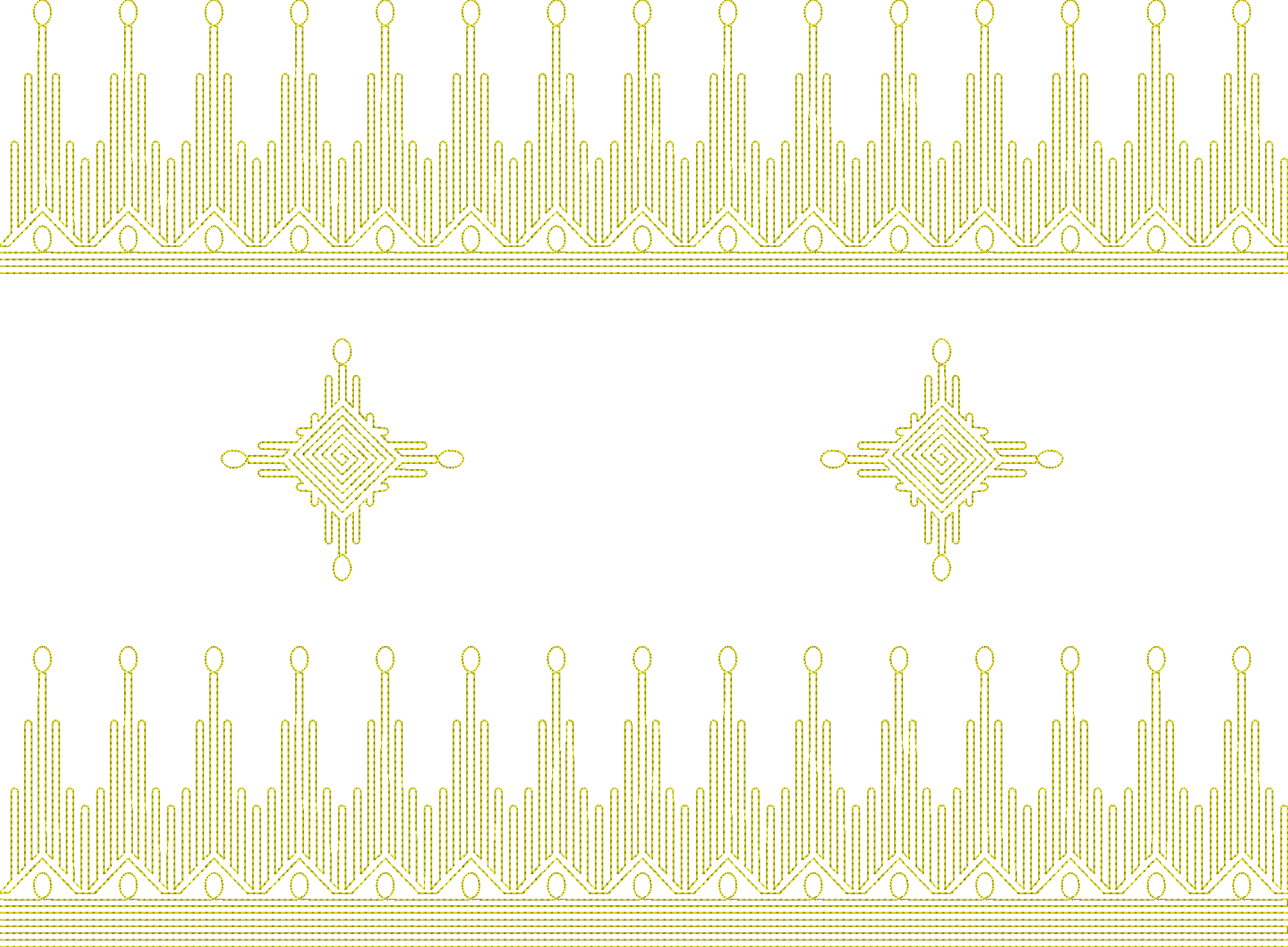 Embroidery design: A repeating golden yellow embroidery pattern with crown-like border motifs and central diamond-shaped swirling motifs.
