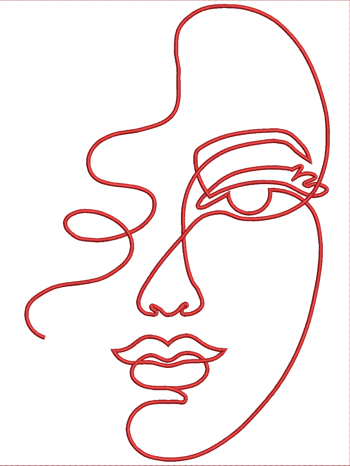Embroidery design: An abstract embroidery design of a face rendered in a single continuous red line.