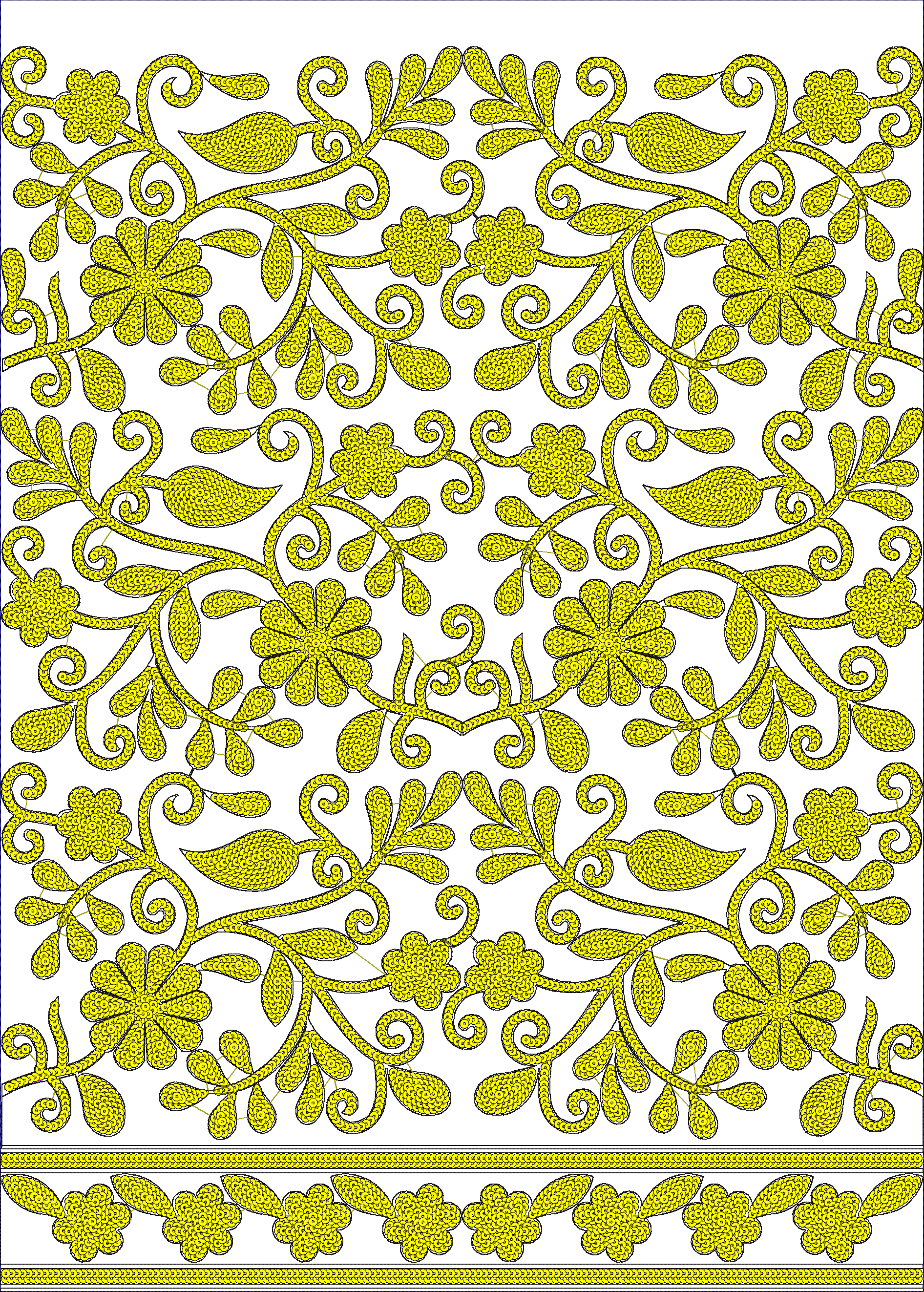 Embroidery design: A symmetrical, repeating embroidery design featuring yellow floral and vine motifs with a decorative border, rendered in
