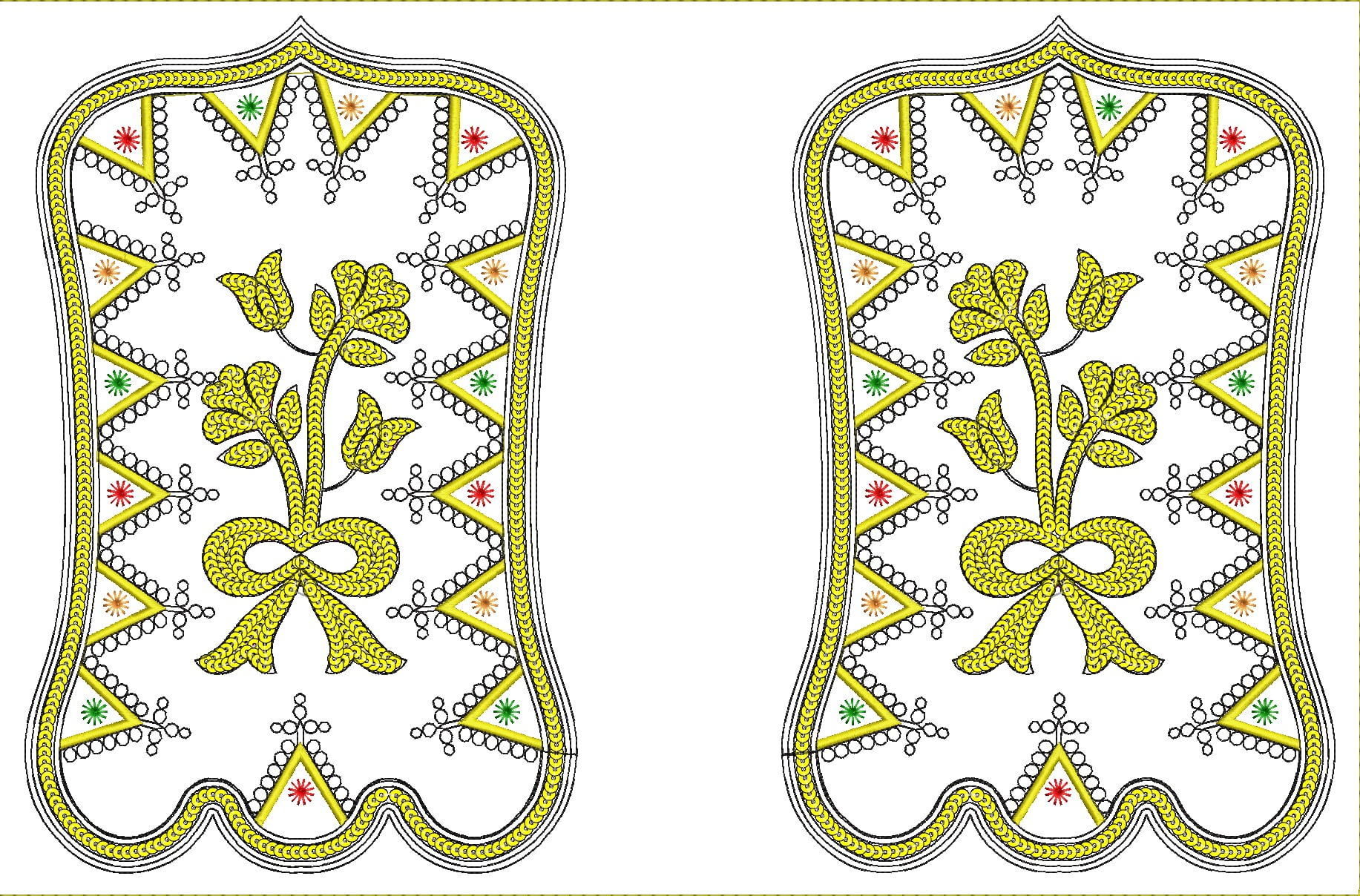 Embroidery design: A symmetrical embroidery design featuring a yellow floral motif with green leaves and a yellow bow, surrounded by geomet