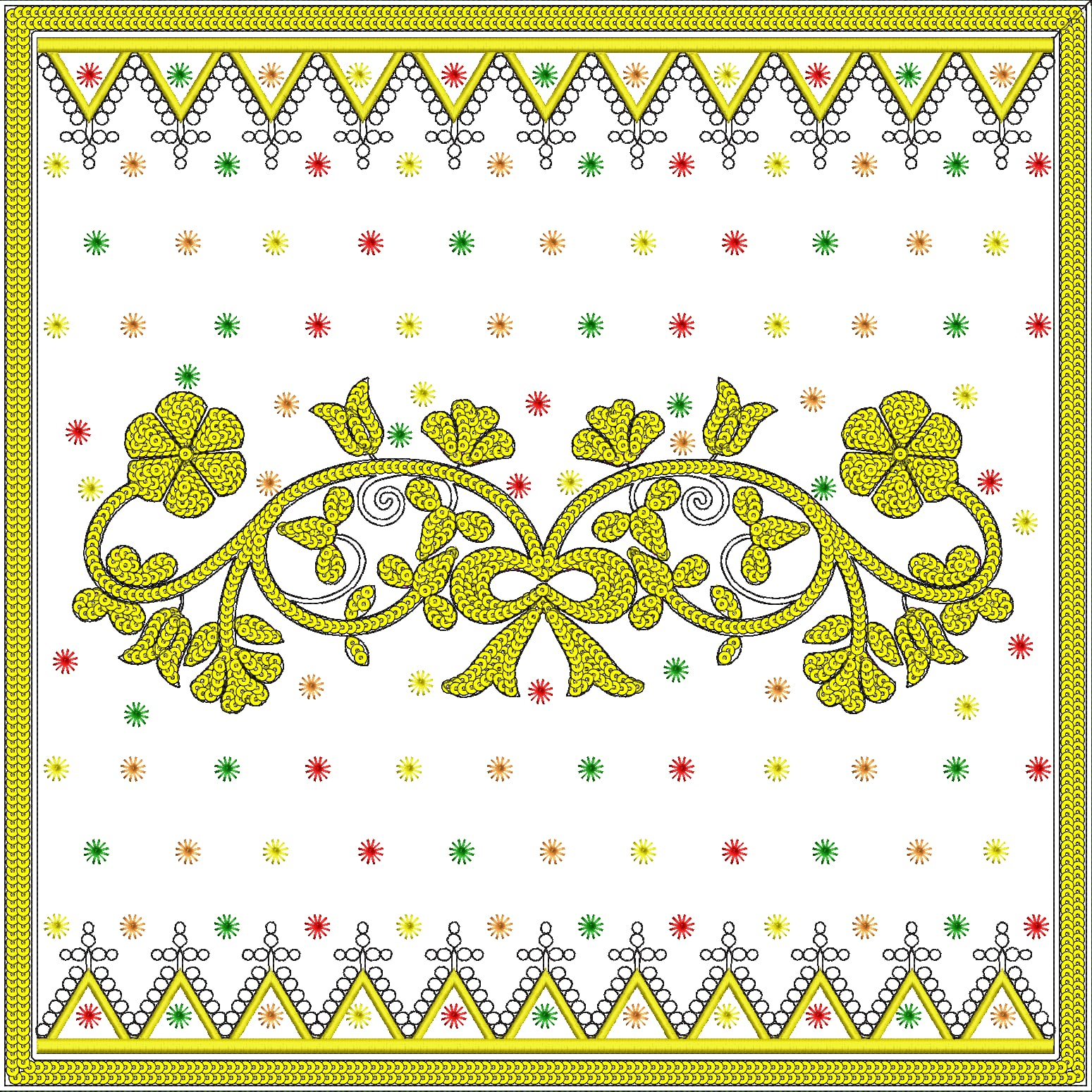 Embroidery design: An embroidery design featuring a central yellow floral and scrollwork motif with a bow, bordered by decorative yellow an