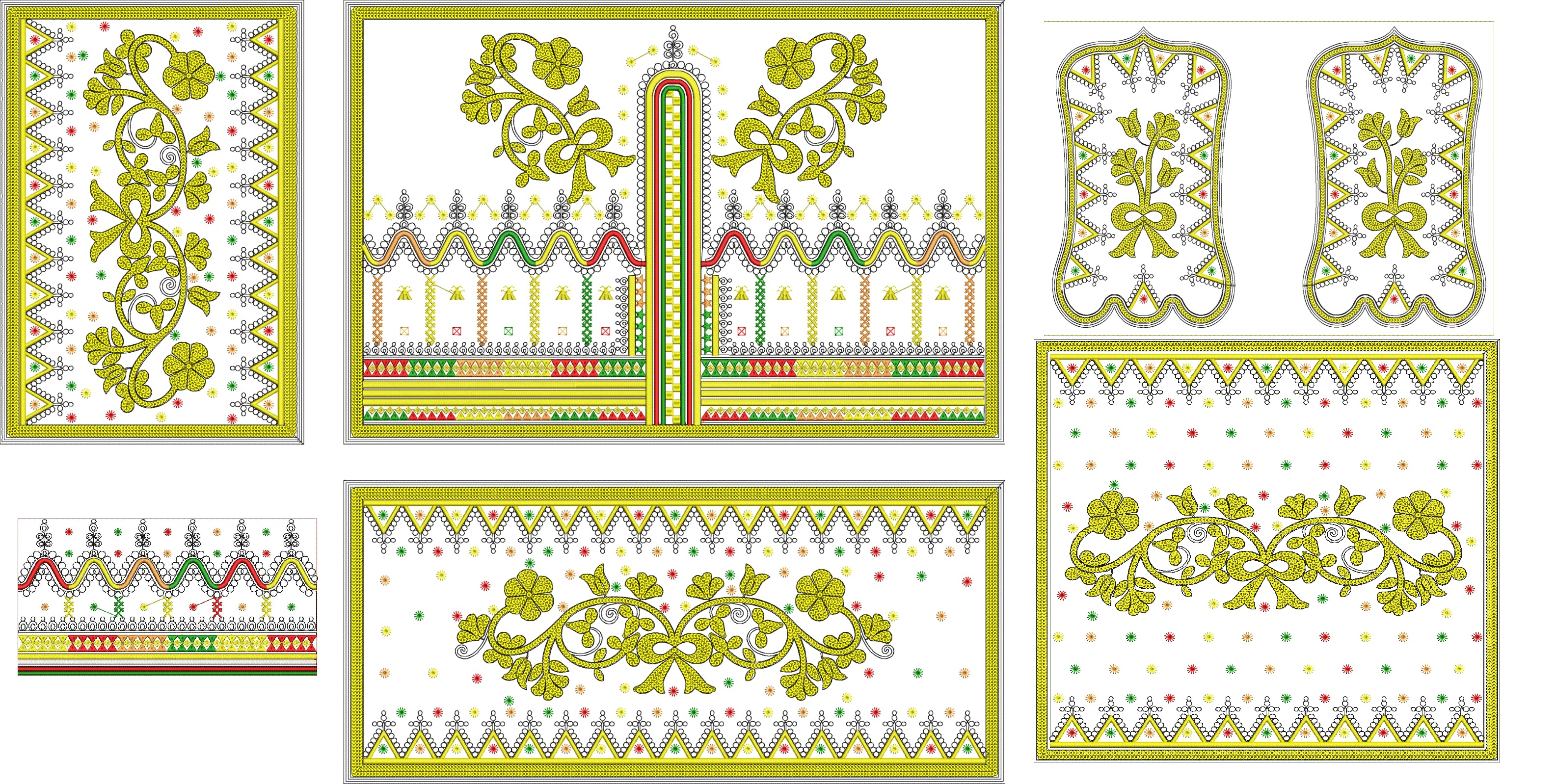 Embroidery design: An embroidery design featuring yellow floral and vine motifs with accents of red, green, and orange small flowers or dot