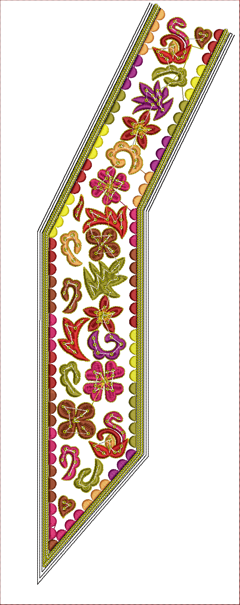 Embroidery design: A decorative embroidery border featuring a variety of colorful floral and foliate elements with a scalloped edge and a c
