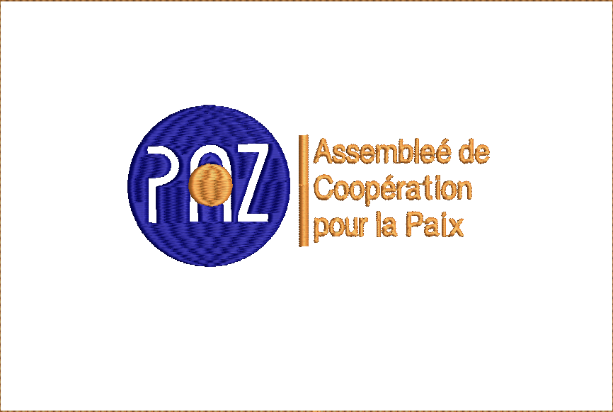 Embroidery design: A logo featuring the word "PAZ" in white on a blue circular background, with a gold coin-like element. To the right, the