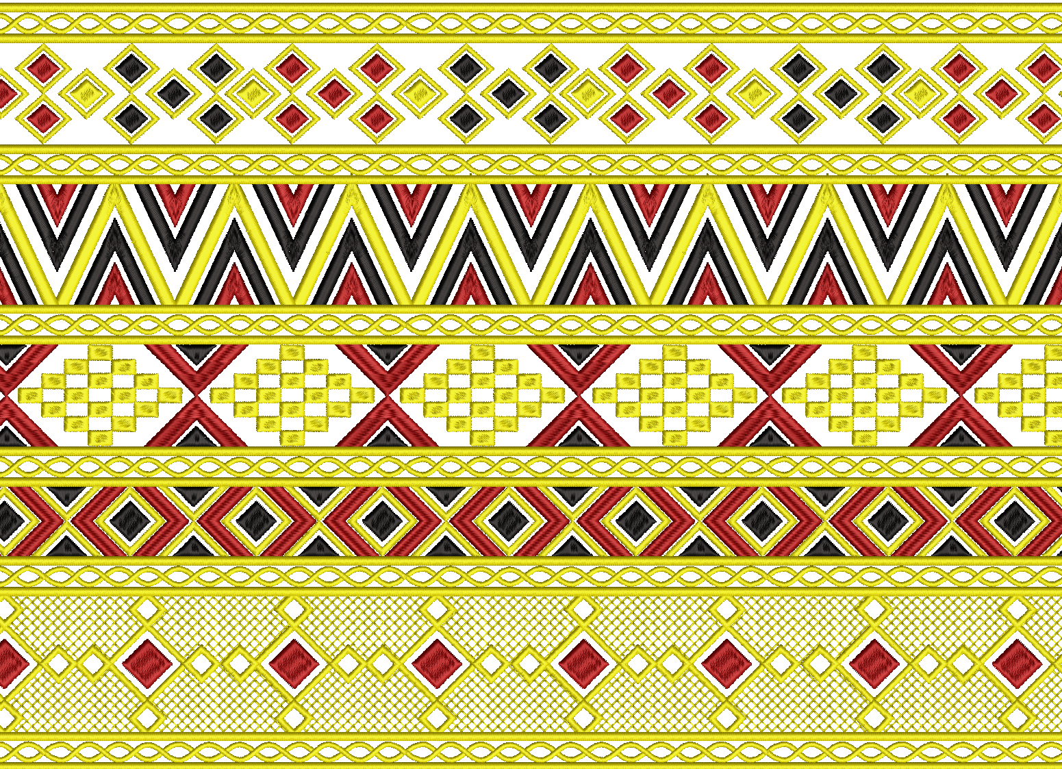 Embroidery design: An embroidery design featuring a repeating geometric border pattern with gold, red, and black diamond and chevron motifs