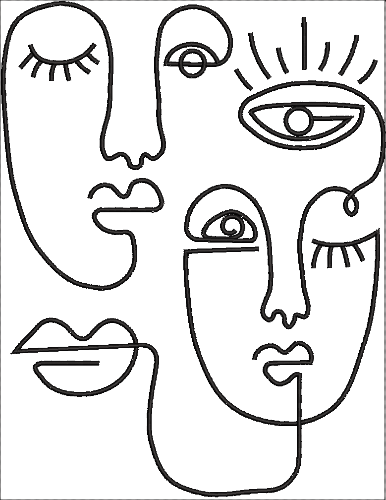 Embroidery design: An abstract embroidery design featuring multiple faces rendered in a single continuous black line on a white background.
