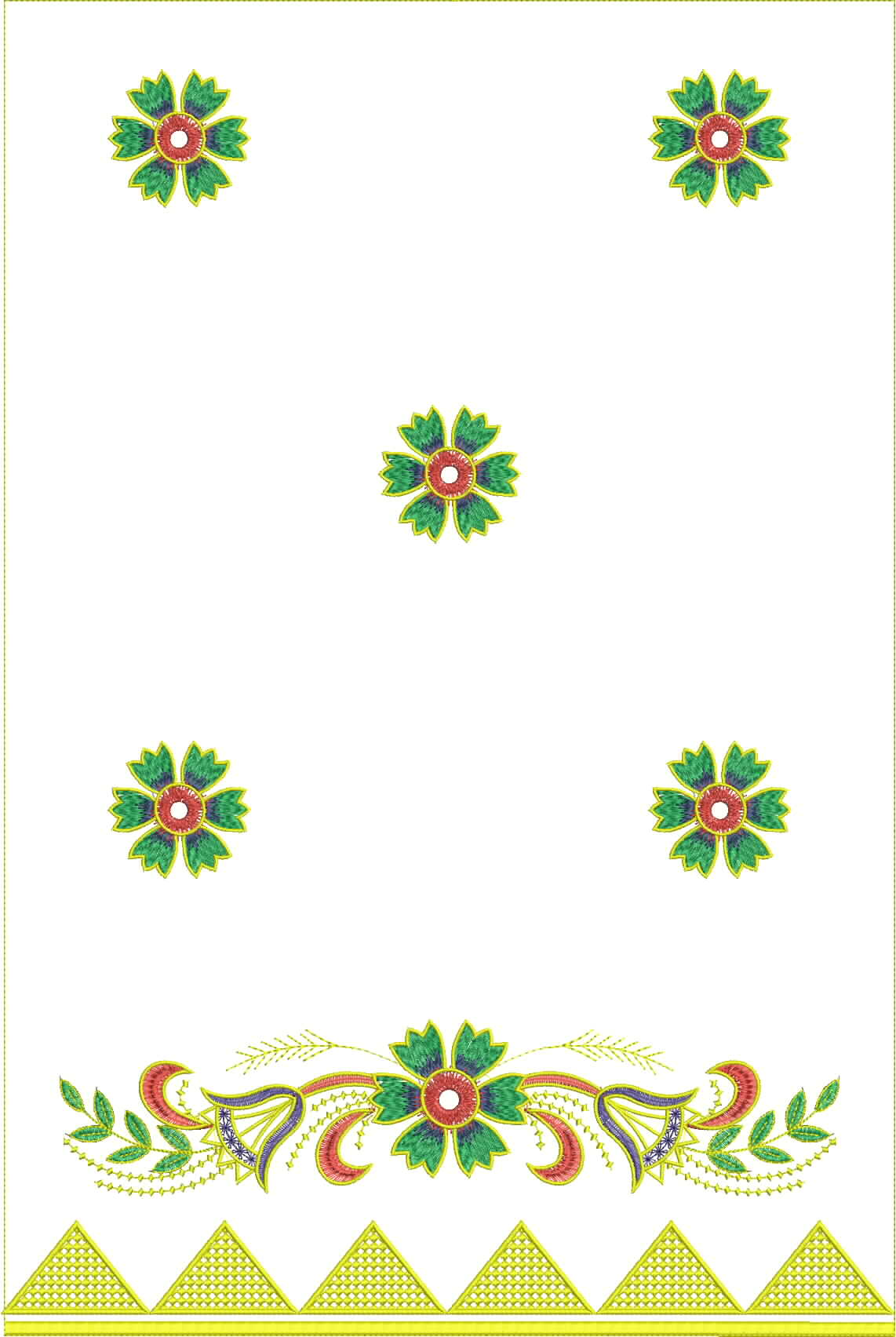 Embroidery design: An embroidery design featuring repeating floral motifs and a decorative border with floral and geometric elements.