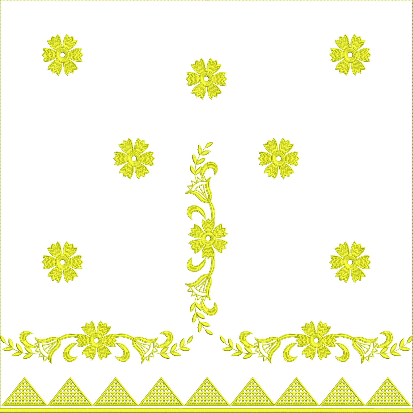 Embroidery design: A repeating embroidery design in yellow on white, featuring scattered flowers, a central floral and vine motif, a floral