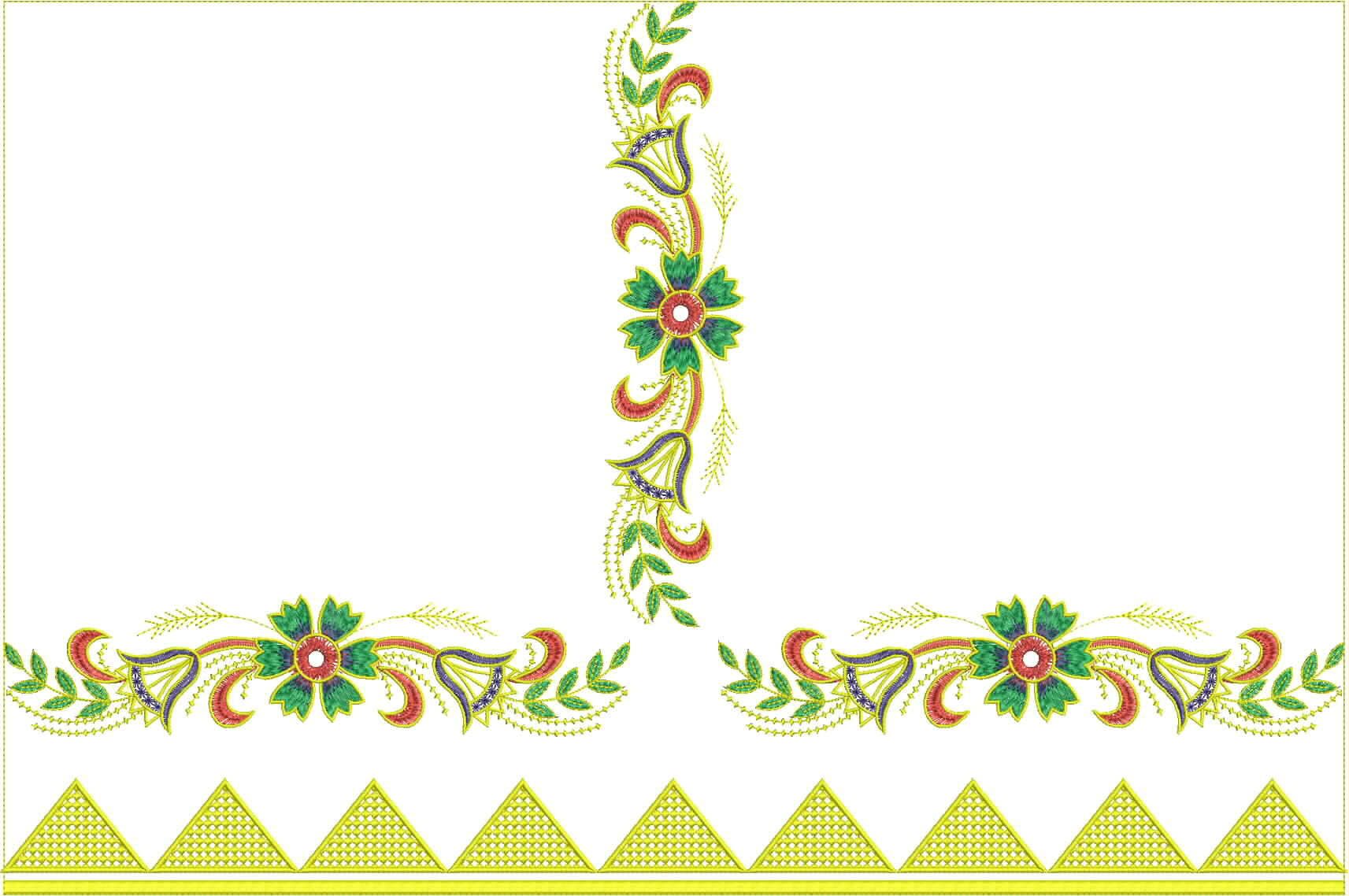 Embroidery design: A decorative embroidery design featuring floral and vine motifs with a repeating border at the bottom. The design includ