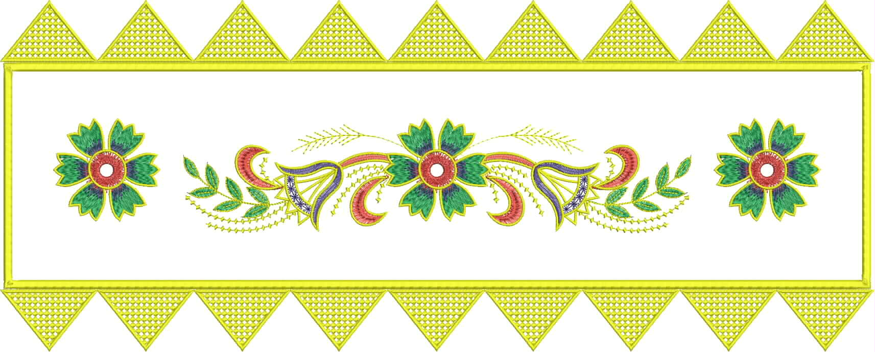 Embroidery design: A decorative border embroidery design featuring symmetrical floral motifs with green leaves and red-pink accents, framed