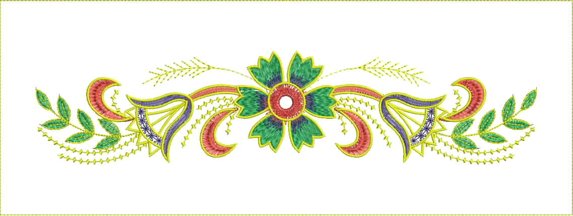 Embroidery design: A symmetrical floral and botanical embroidery design in a decorative ornamental style, featuring a central green flower 