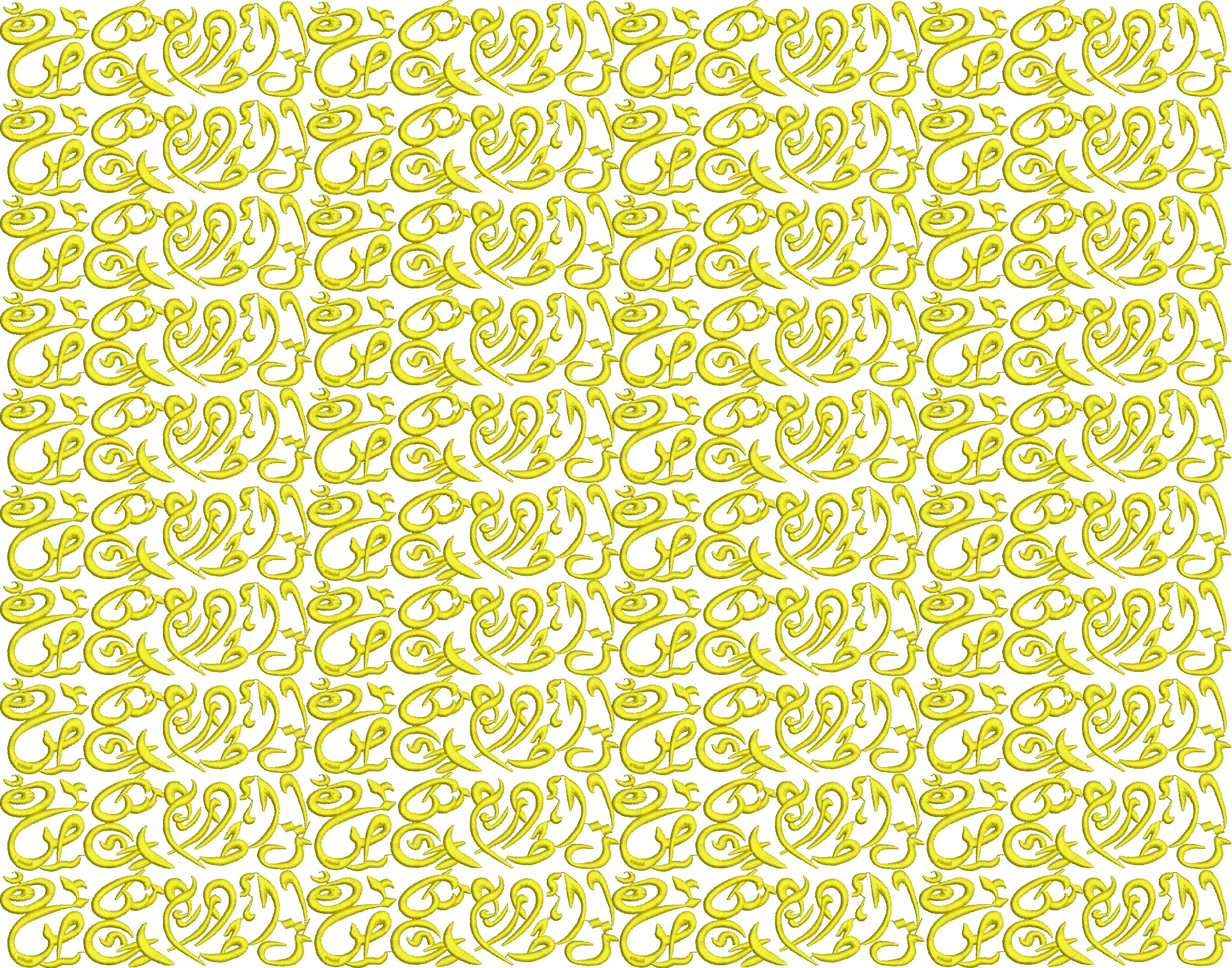 Embroidery design: A repeating all-over embroidery pattern featuring intricate yellow arabesque and ornamental motifs in a traditional styl