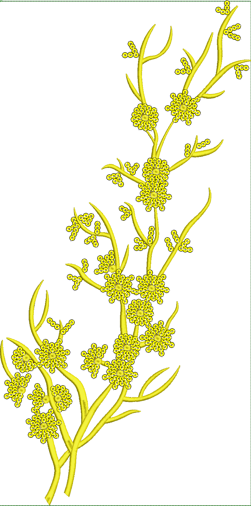 Embroidery design: A yellow embroidery design featuring delicate winding vines with clusters of small, circular blossoms.