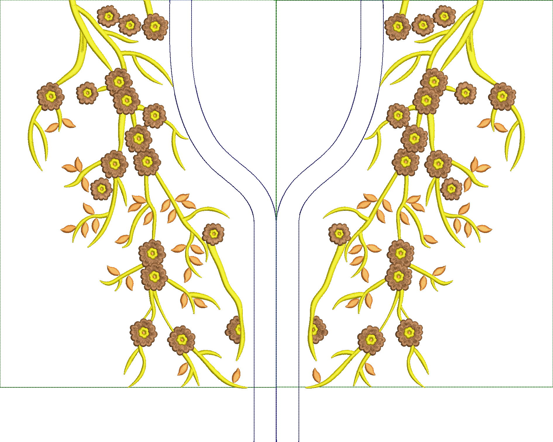 Embroidery design: A symmetrical embroidery design for a neckline, featuring yellow vines with brown and yellow flowers and orange-brown le
