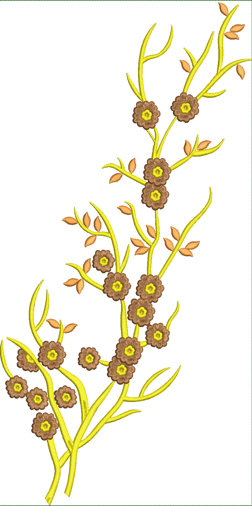 Embroidery design: A botanical embroidery design featuring yellow stems with brown flowers and orange-brown leaves.