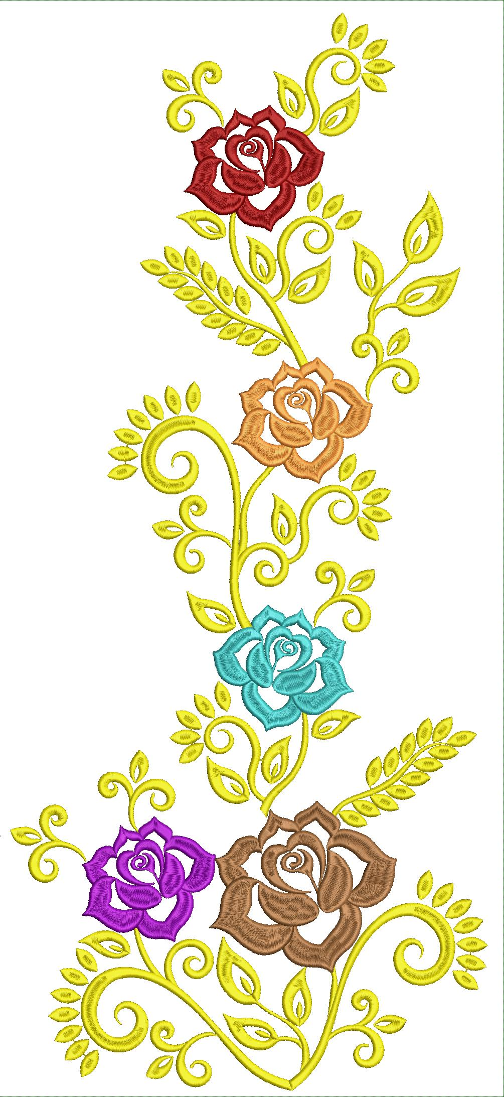 Embroidery design: A vertical embroidery design showcasing a yellow vine with five roses in red, orange, teal, purple, and brown, intersper