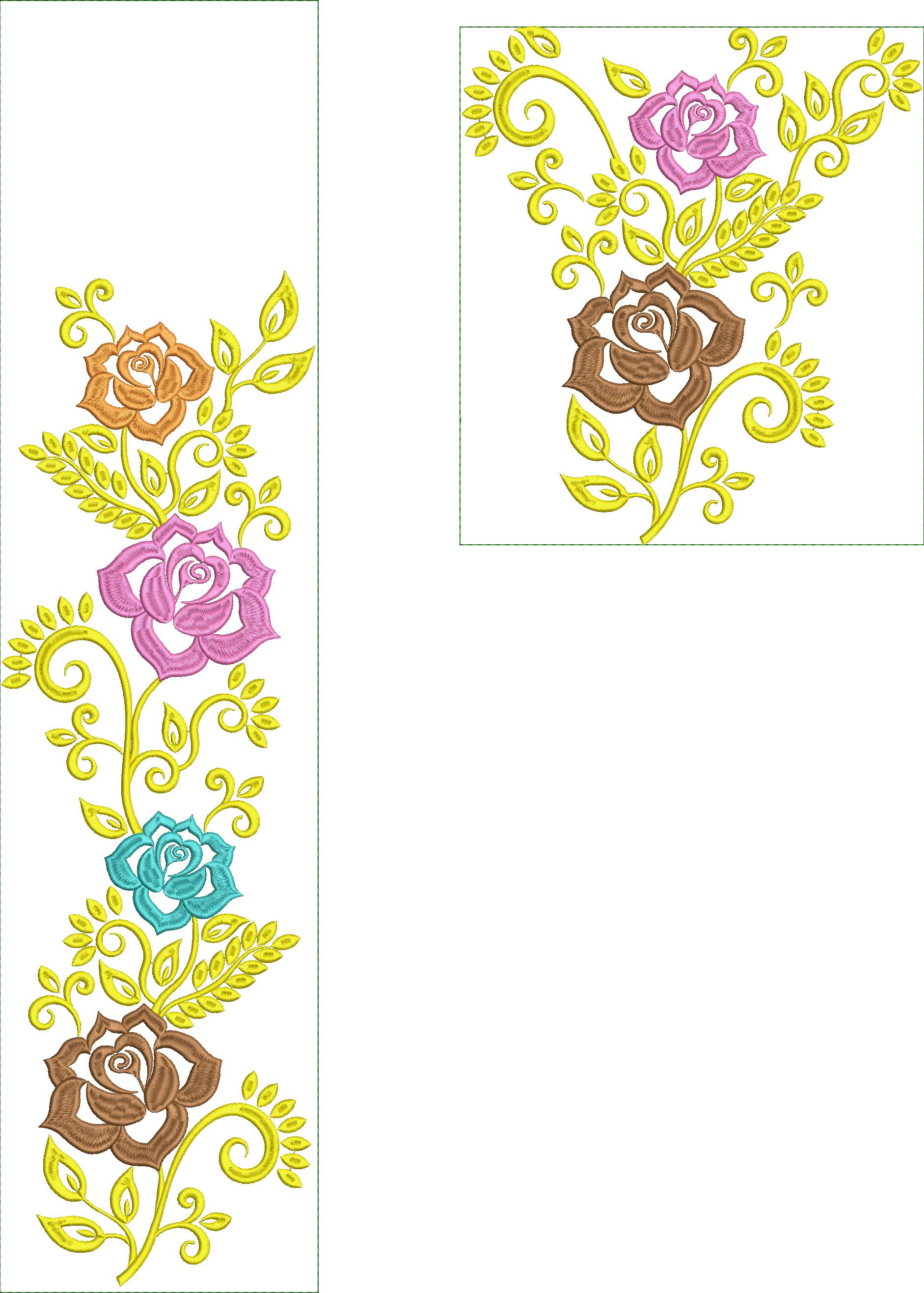 Embroidery design: An embroidery design featuring a vertical arrangement of colorful roses (pink, brown, teal, orange) with yellow vine and