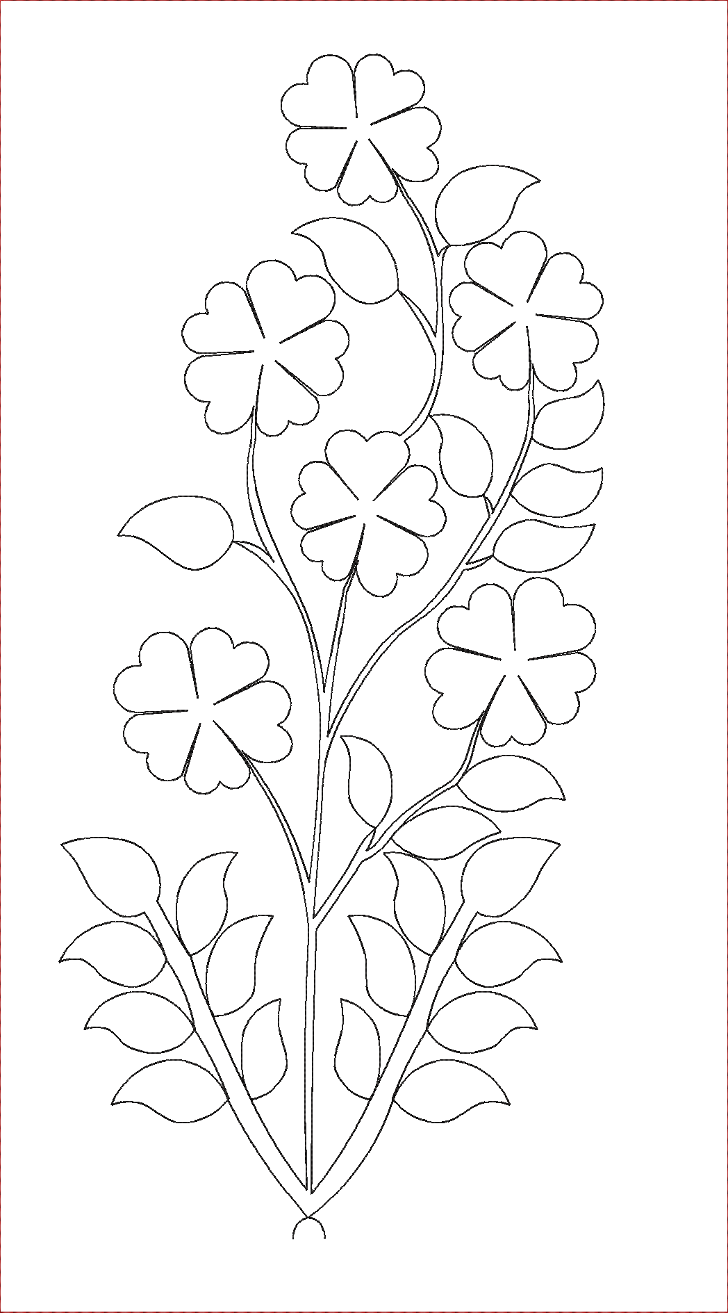 Embroidery design: A black and white embroidery design featuring a vine with multiple flowers and leaves.
