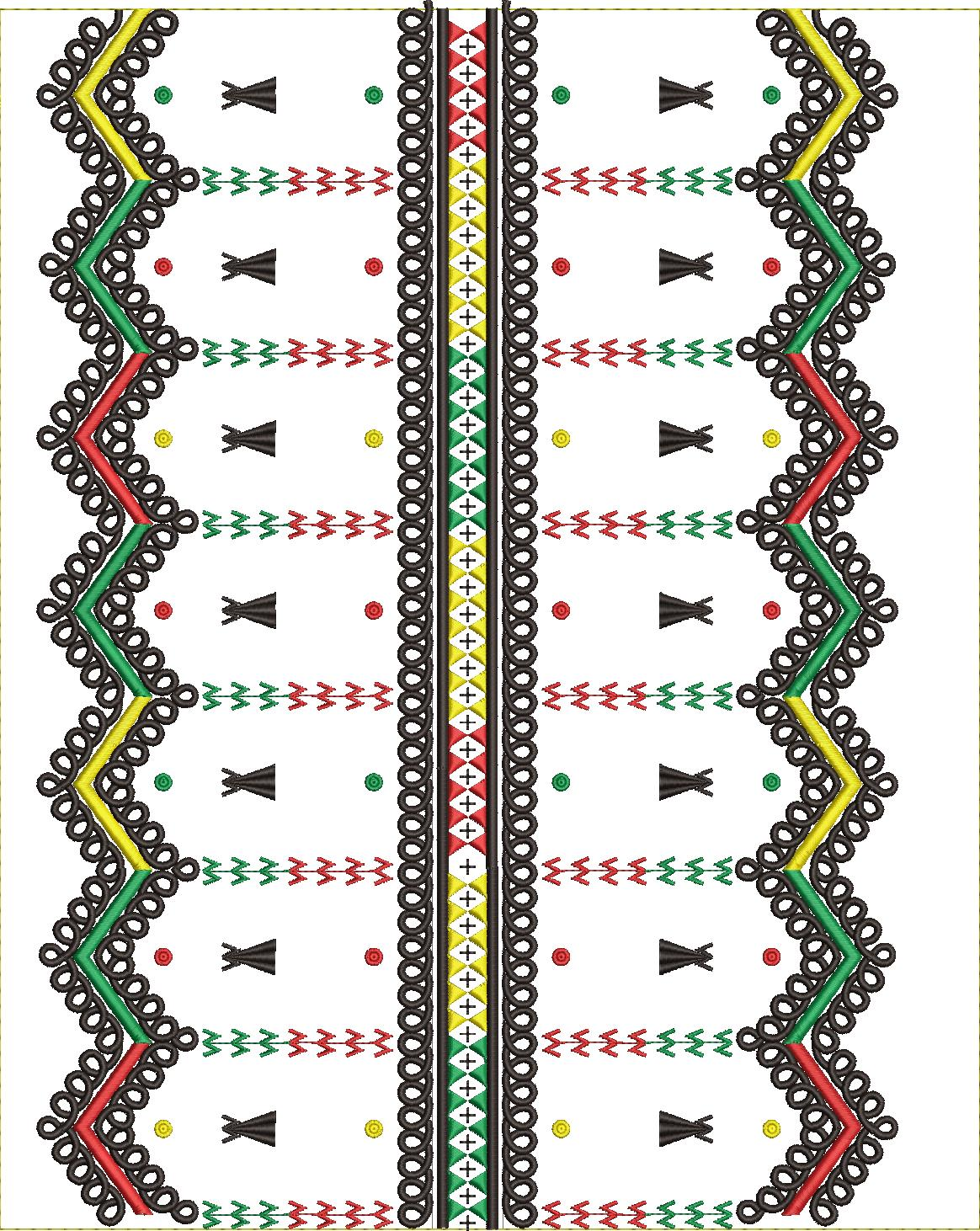 Embroidery design: A symmetrical vertical embroidery border design featuring geometric patterns with red, yellow, and green chevron and dia