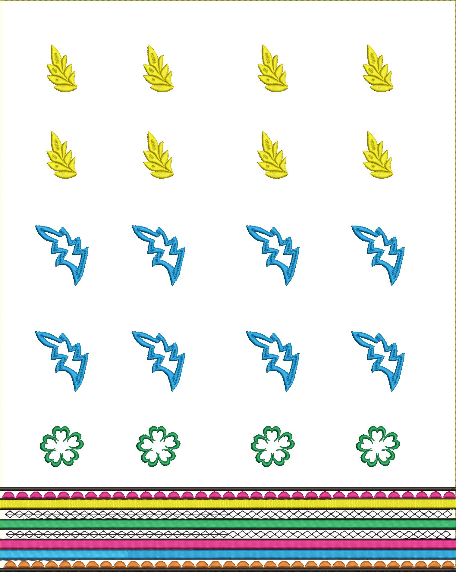 Embroidery design: A repeating pattern featuring yellow leaves, blue lightning bolt motifs, and green clover flowers, with a colorful strip