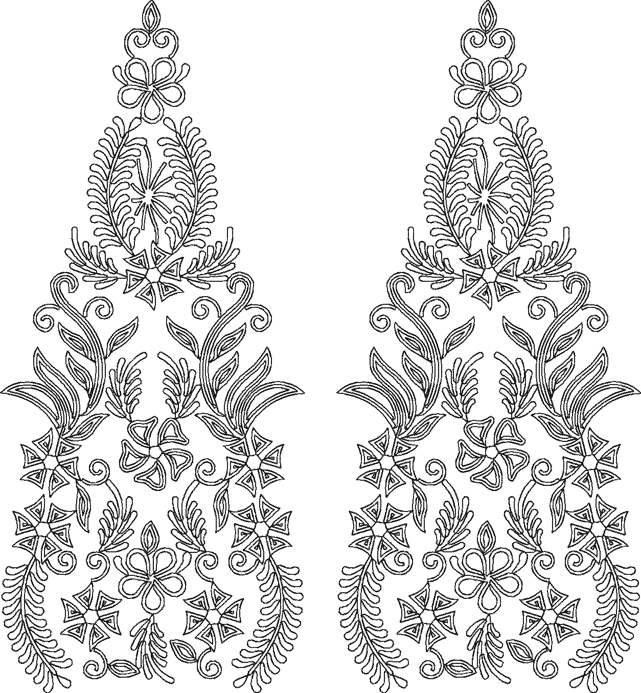 Embroidery design: A symmetrical, mirrored black and white embroidery design featuring two ornamental, decorative motifs composed of styliz