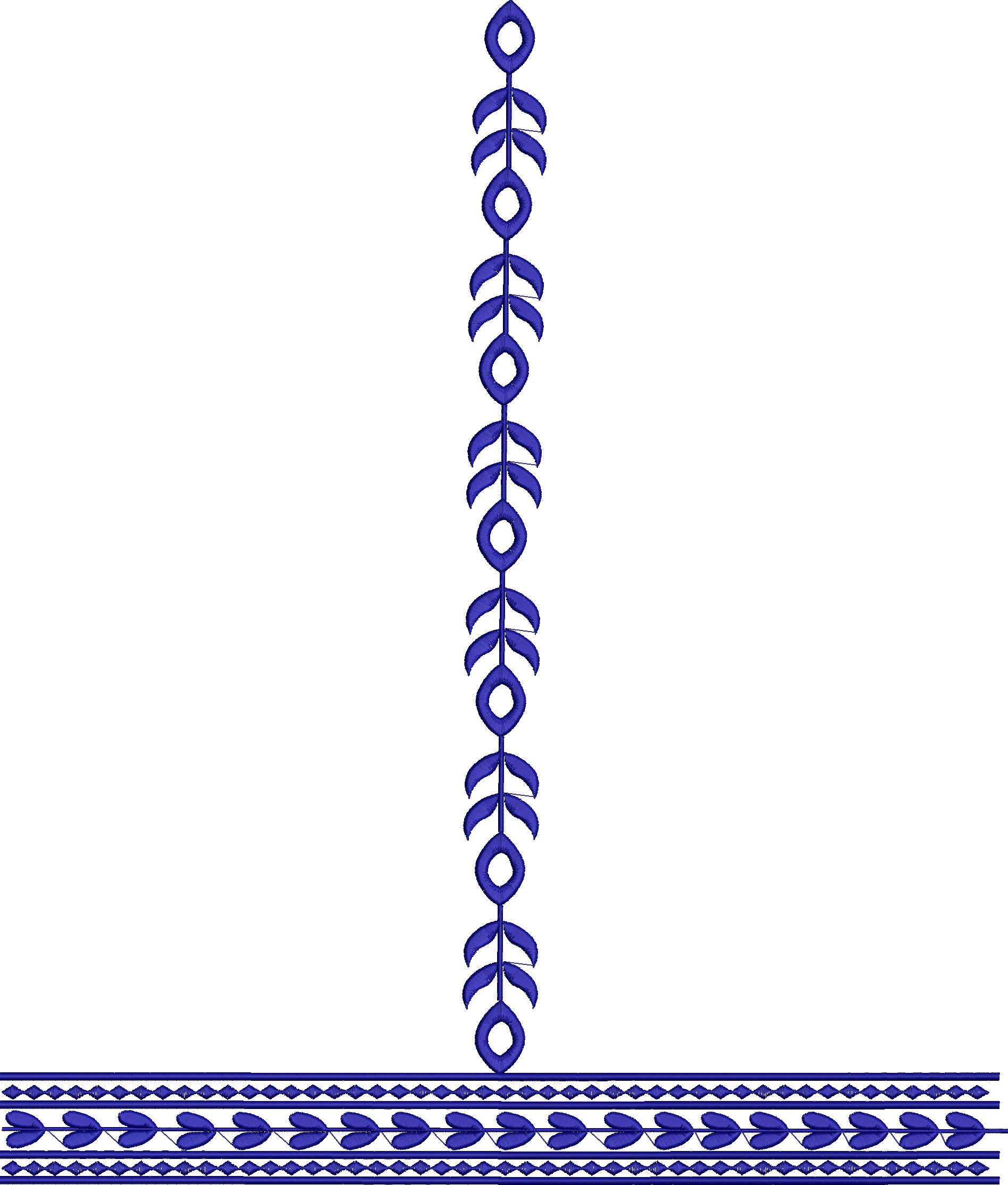Embroidery design: A blue embroidery design featuring a vertical ornamental border with repeating leaf and oval motifs, and a horizontal bo