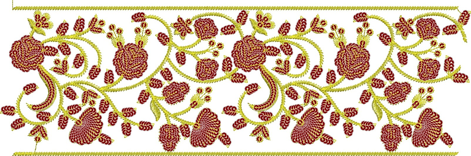 Embroidery design: A decorative gold border embroidery design featuring repeating maroon floral and leaf motifs with a vine-like structure.