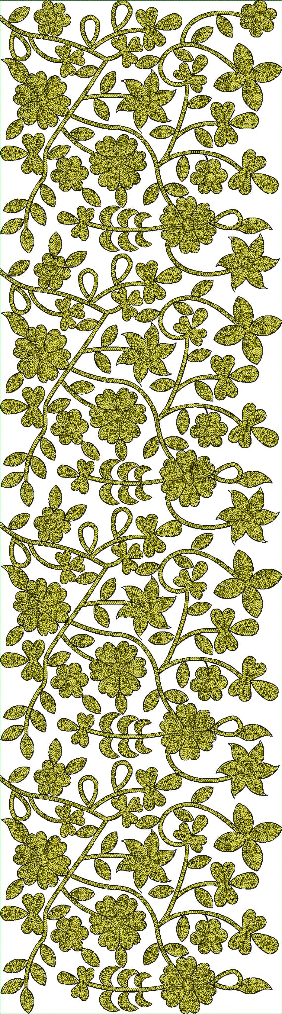 Embroidery design: An all-over embroidery design featuring a dense pattern of olive-colored flowers, leaves, and vines.