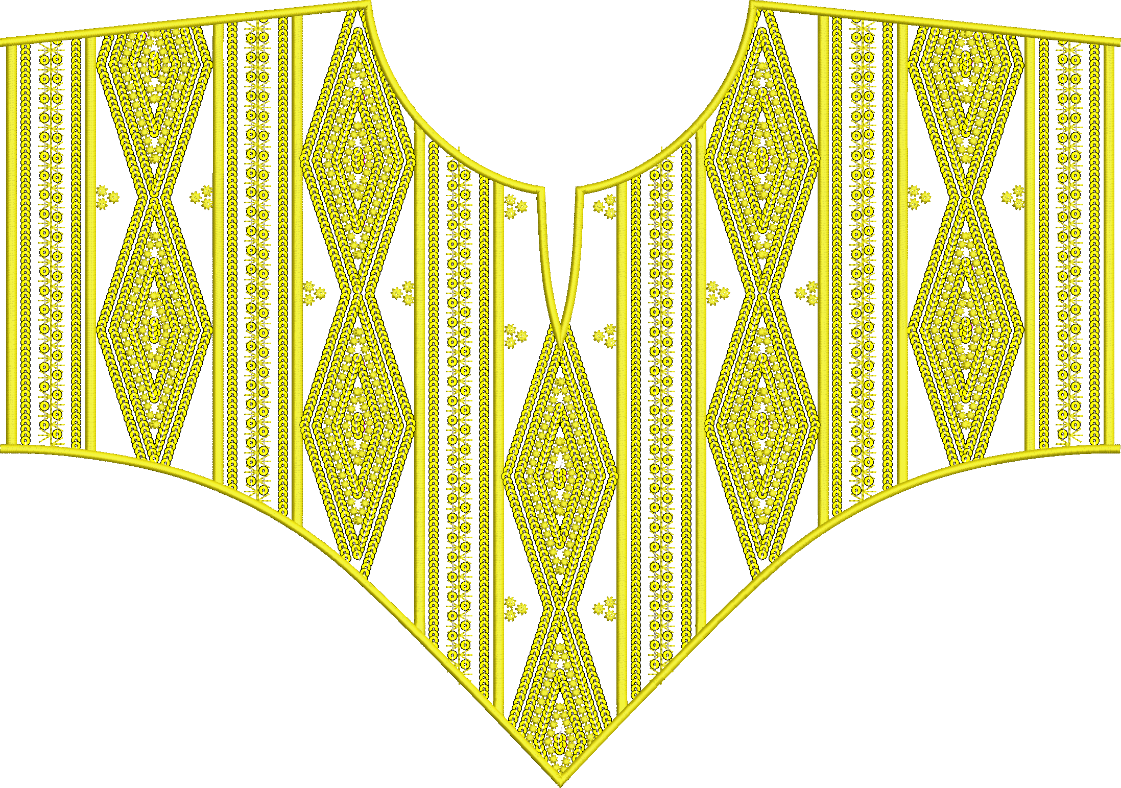 Embroidery design: A yellow embroidered neckline trim with a repeating geometric and ornamental pattern. The design features diamond shapes