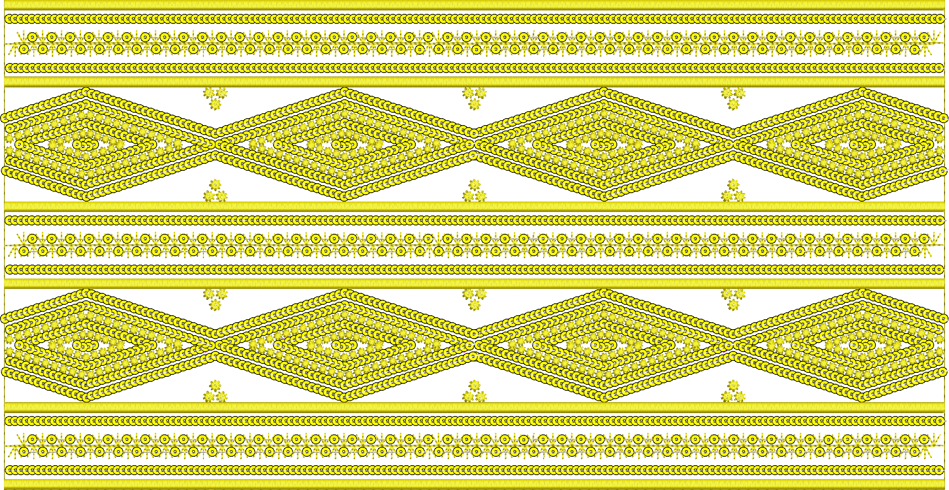 Embroidery design: A repeating and symmetrical embroidery border design featuring yellow geometric diamond and stripe patterns, accented wi