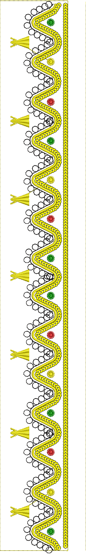 Embroidery design: A vertical embroidery border design featuring a yellow wavy line adorned with red and green circular motifs and small ye