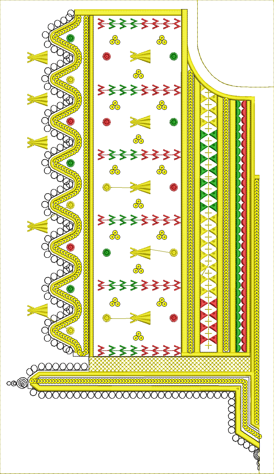 Embroidery design: An ornamental embroidery design with repeating geometric patterns in yellow, red, green, black, and white, featuring a s