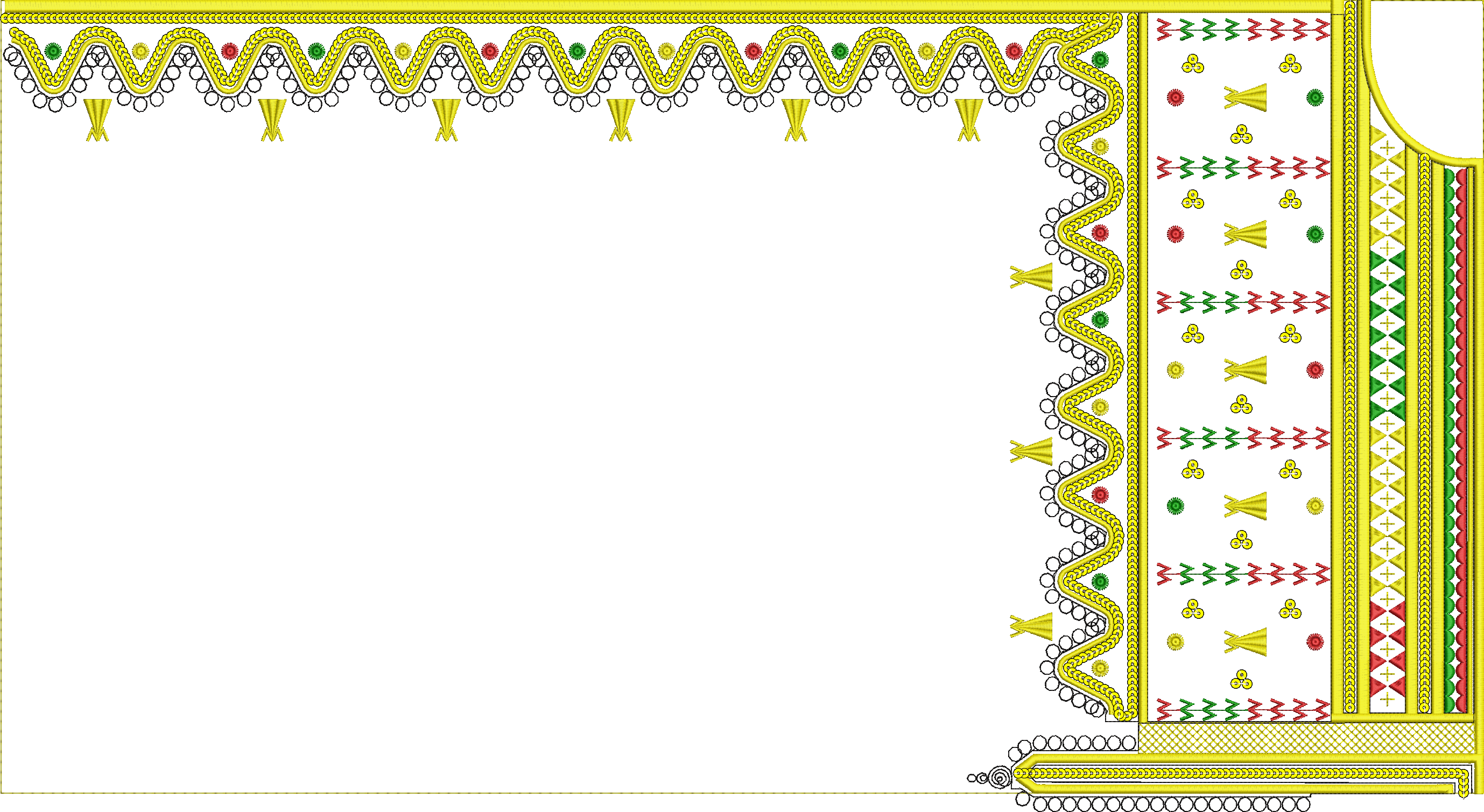 Embroidery design: A decorative embroidery design featuring yellow, red, and green geometric patterns and ornamental borders with scalloped