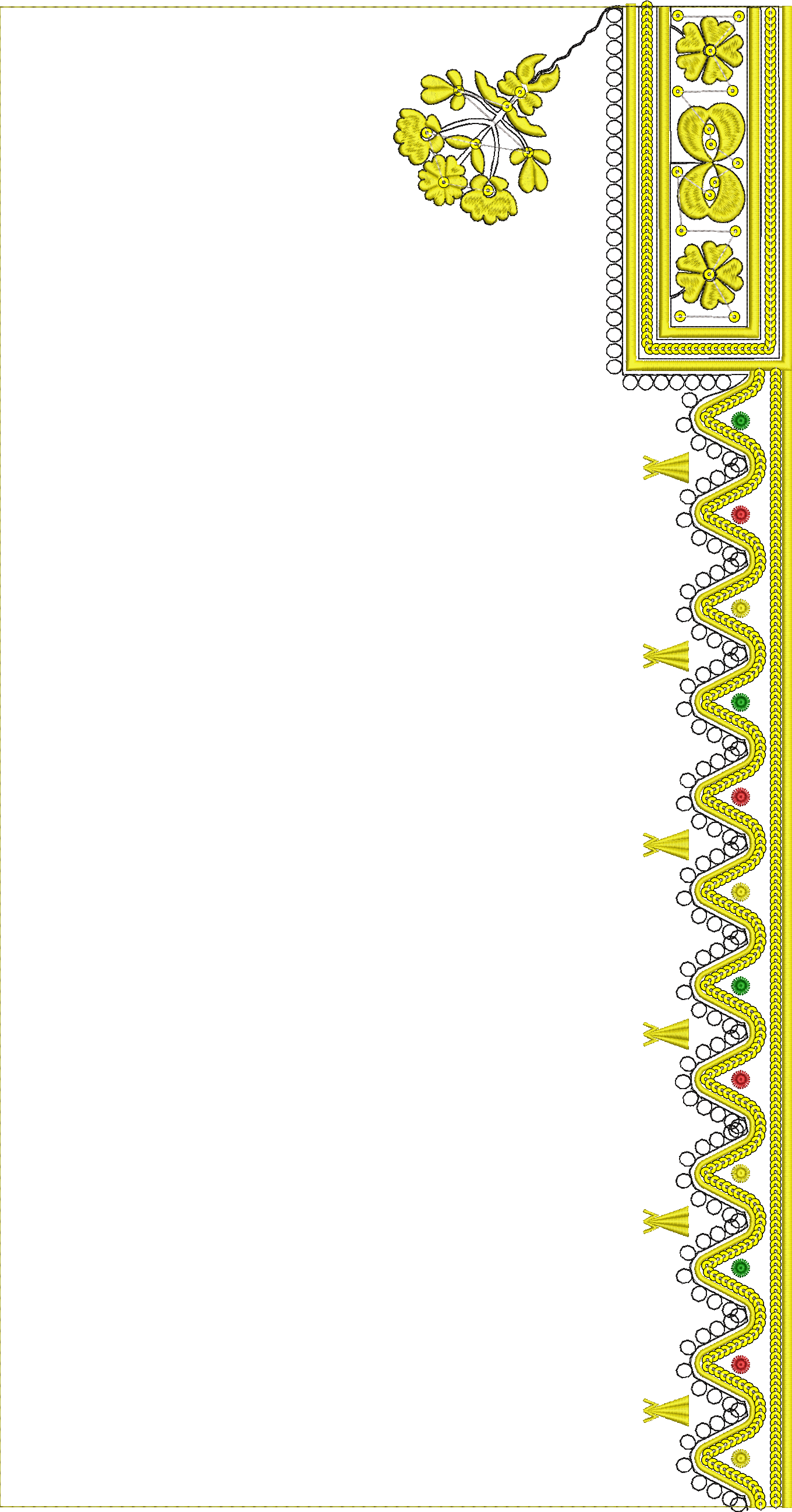 Embroidery design: An embroidery design featuring a vertical border with repeating floral and geometric motifs, including waves and circula