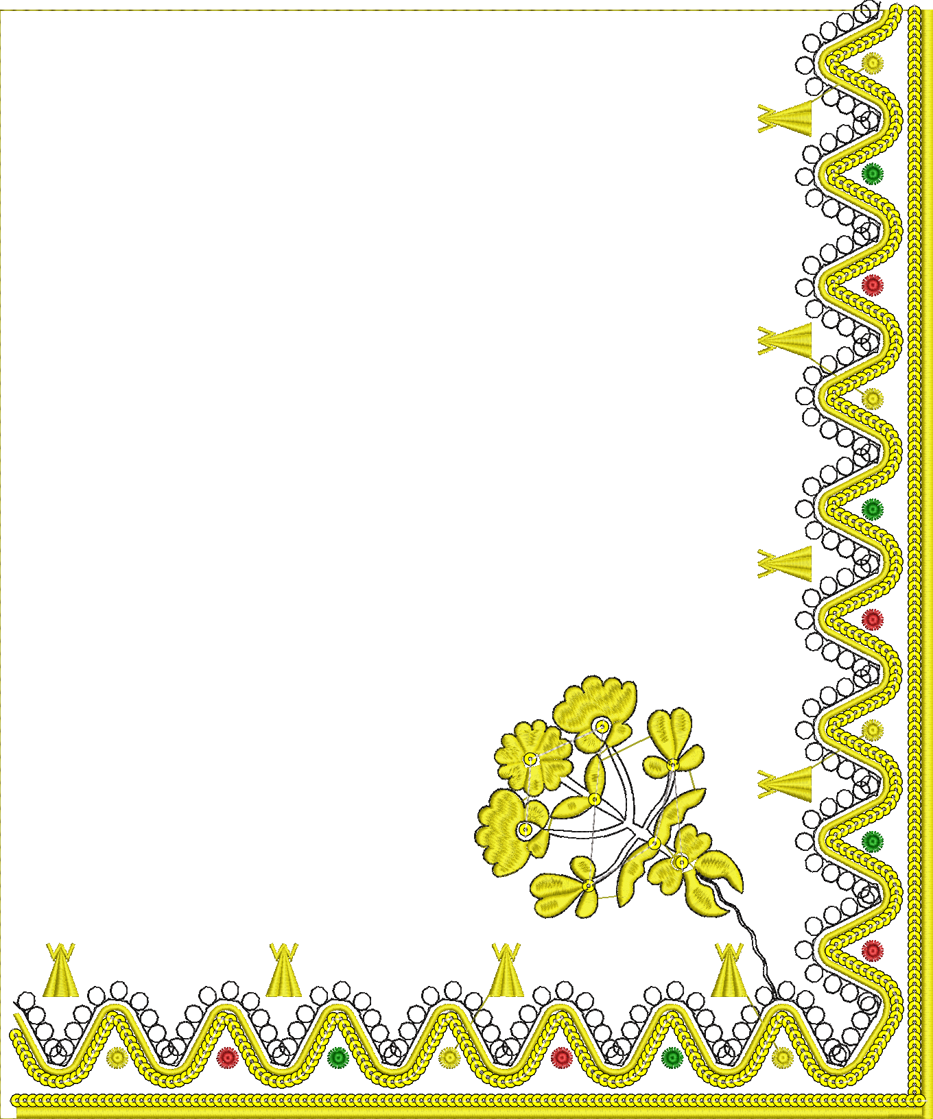 Embroidery design: A decorative embroidery design featuring a yellow floral element in the lower right corner, a wavy yellow border with bl
