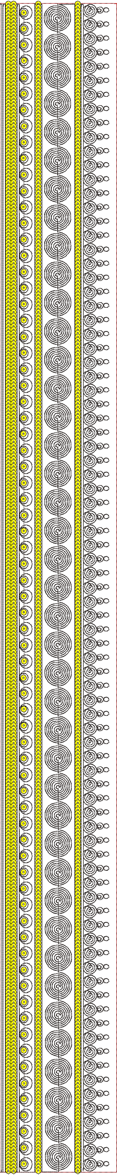 Embroidery design: A vertical border embroidery design featuring repeating columns of yellow circular motifs and black concentric spiral pa