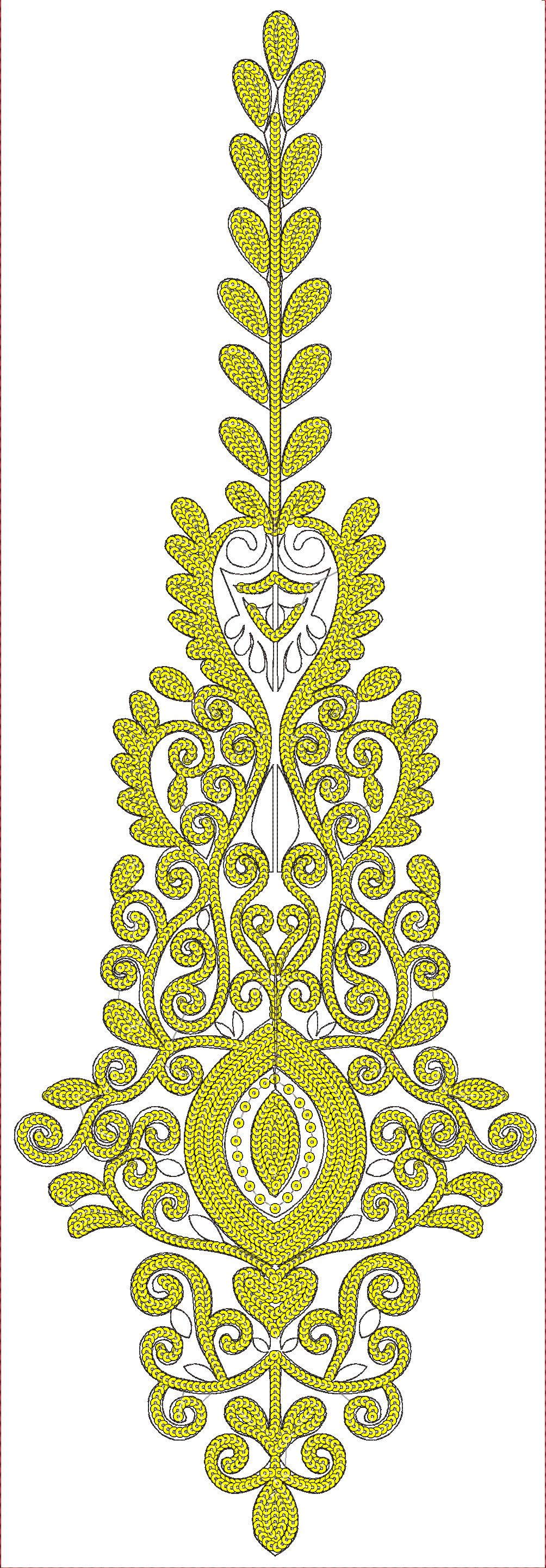 Embroidery design: A symmetrical, ornamental embroidery design in yellow, featuring scrollwork and botanical elements with a dense fill of 