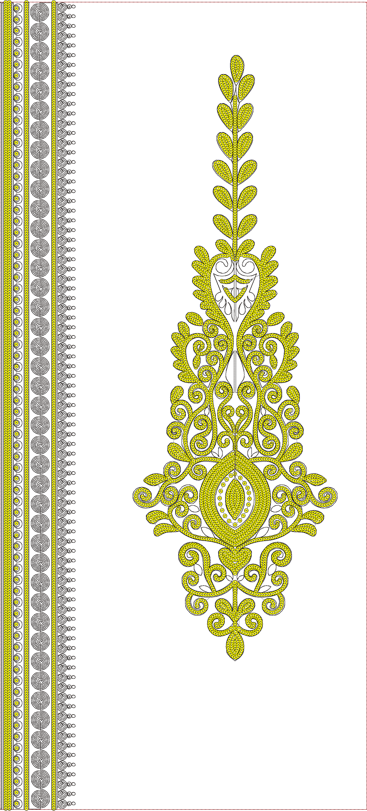 Embroidery design: A symmetrical, ornamental embroidery design featuring a vertical border on the left and a central yellow motif with scro