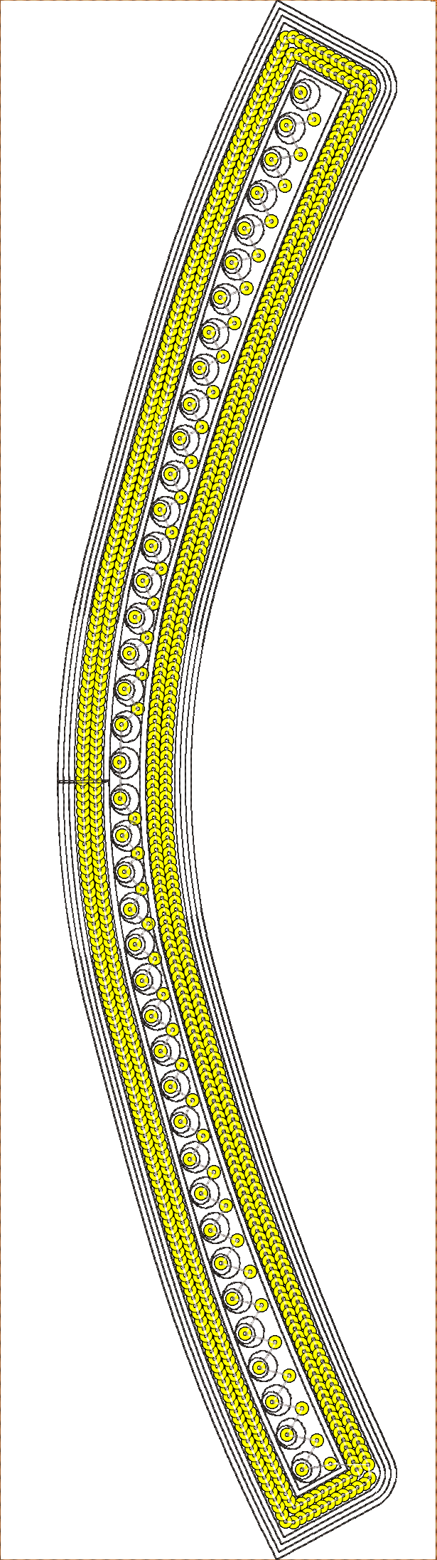 Embroidery design: A curved border embroidery design featuring rows of yellow dots and circular motifs with black outlines.