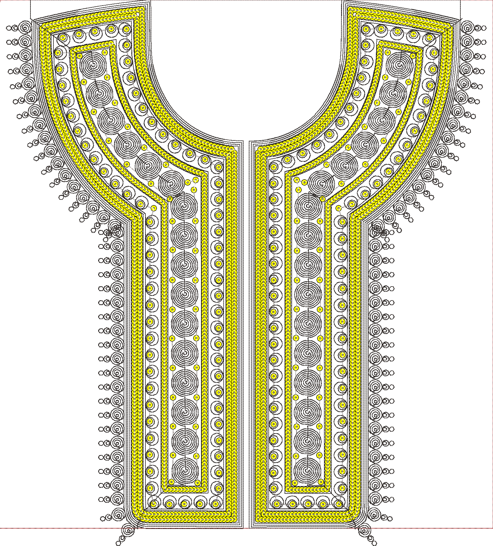 Embroidery design: A symmetrical yellow and black embroidery design featuring dense repeating geometric and circular motifs, suitable for a