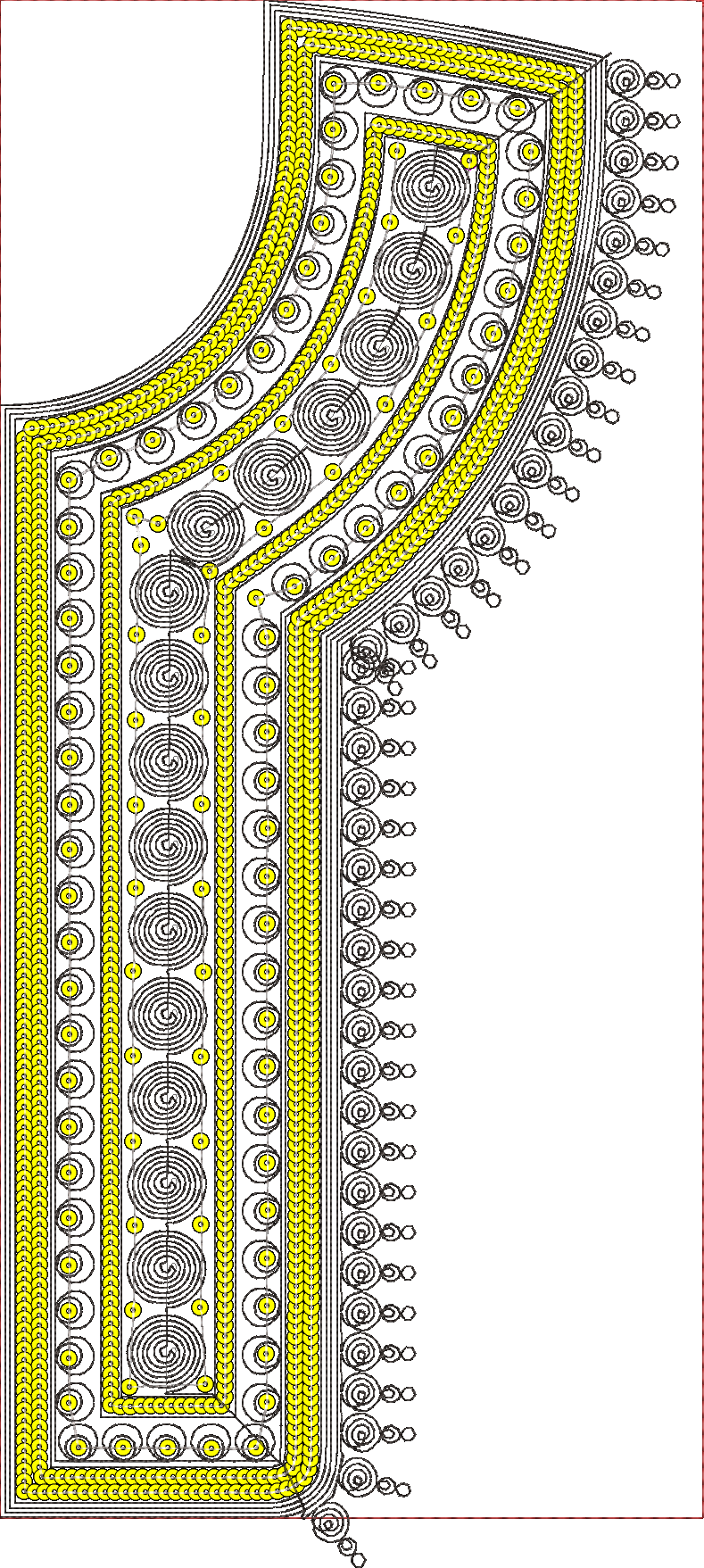Embroidery design: A decorative embroidery design for a neckline or collar, featuring black and yellow colors with intricate scrollwork, ci