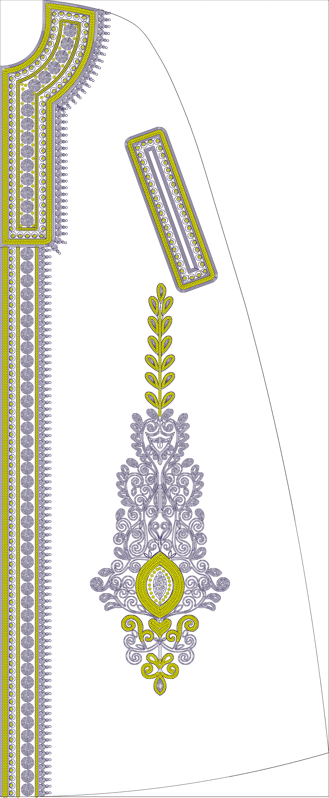 Embroidery design: A traditional, symmetrical embroidery design featuring arabesque scrollwork and foliage motifs. The design includes orna
