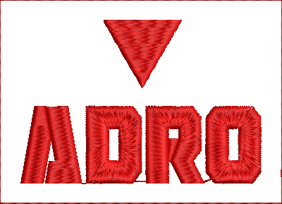 Embroidery design: Embroidery design featuring the word ADRO in red block letters with a red triangle above the O.