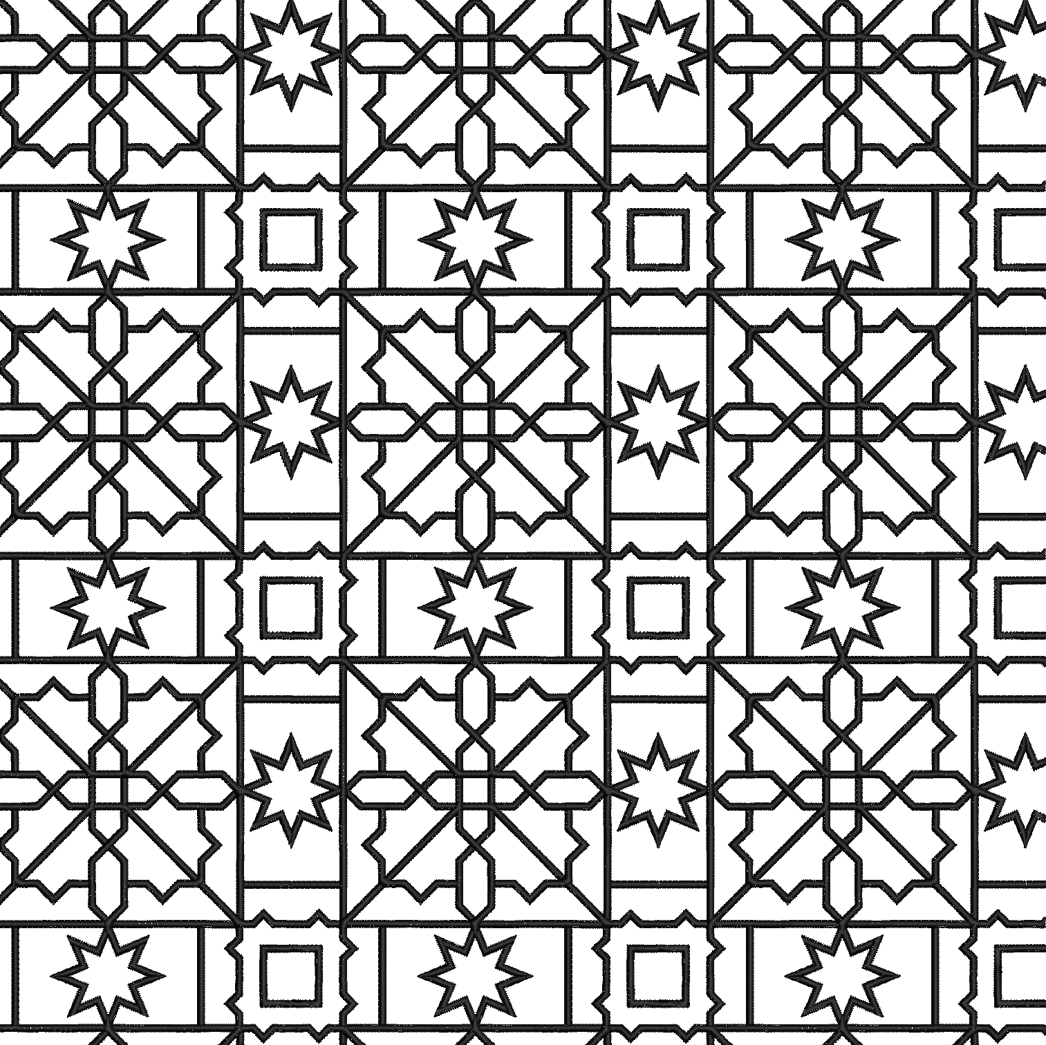 Embroidery design: A repeating, all-over geometric pattern in black and white, featuring intricate lattice work, eight-pointed stars, and d