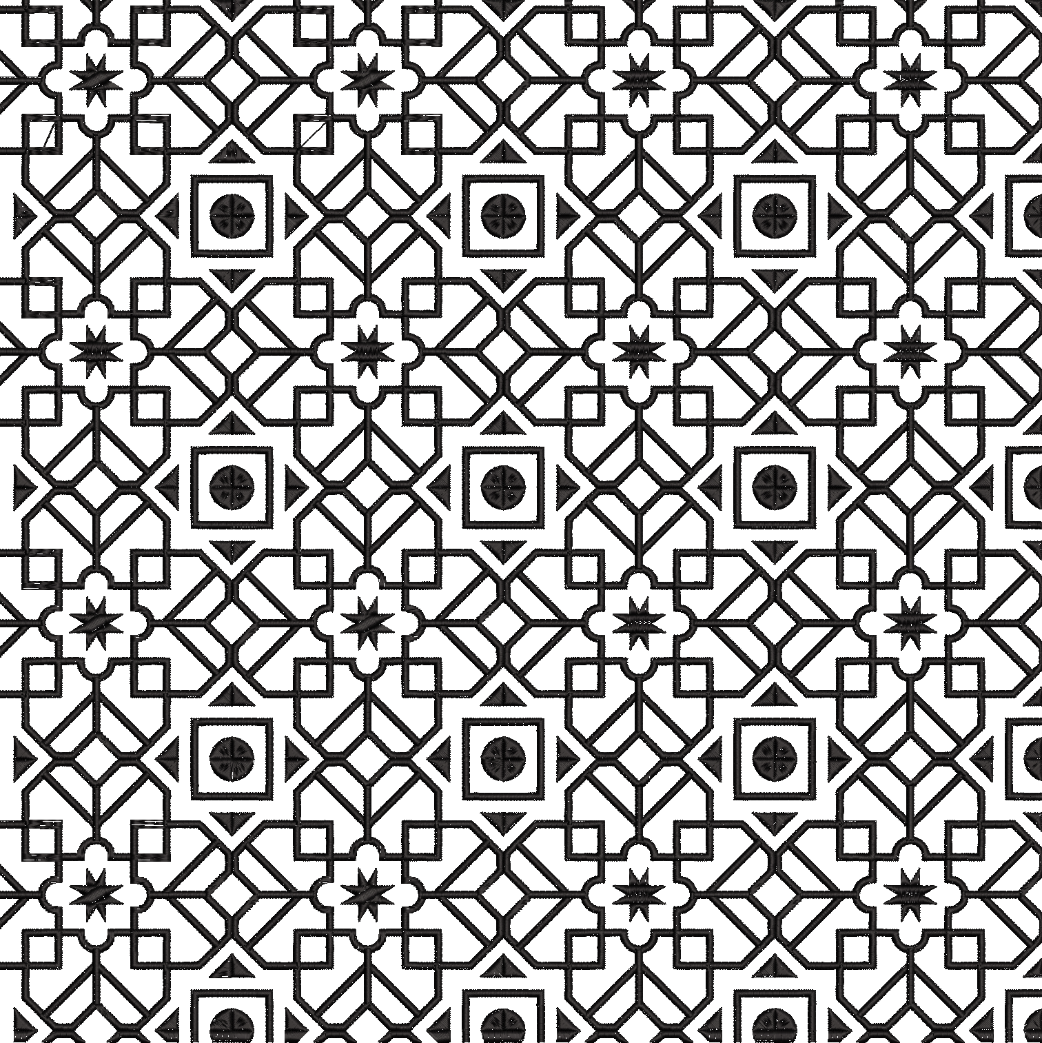 Embroidery design: A black and white embroidery design featuring a repeating geometric pattern with symmetrical motifs and an all-over orna