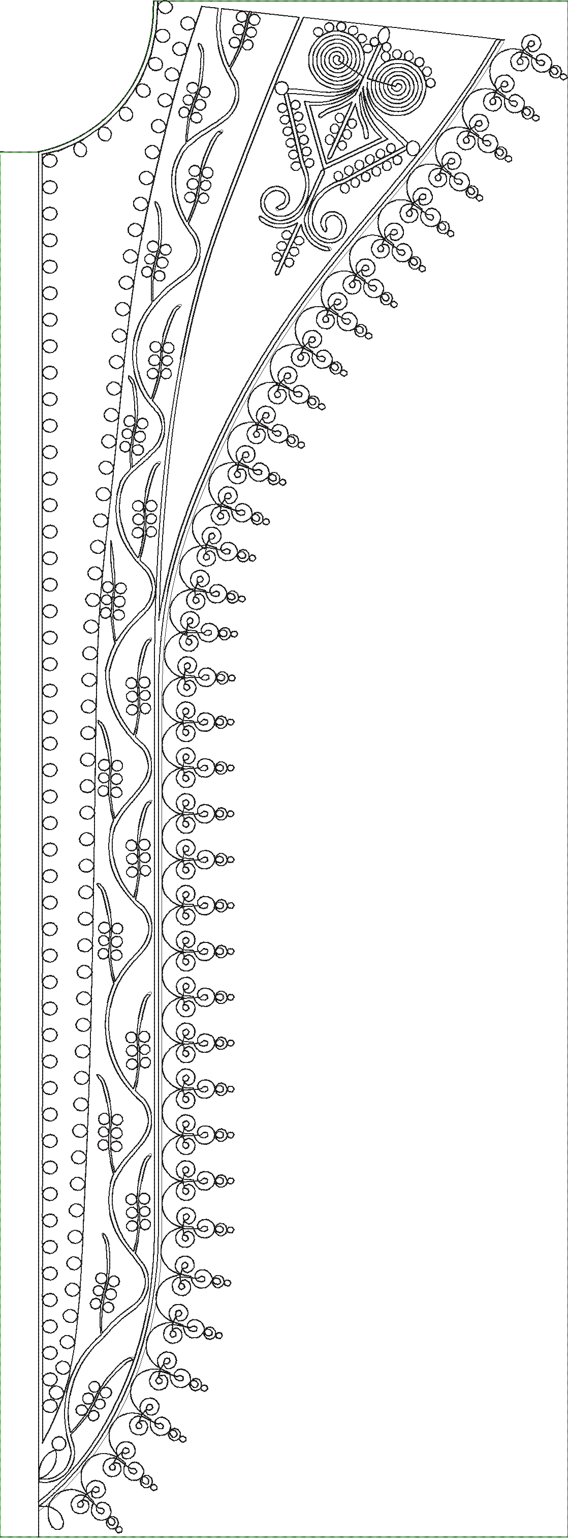 Embroidery design: A vertical embroidery border design featuring abstract scrollwork, vine-like patterns with circular motifs, and a dotted