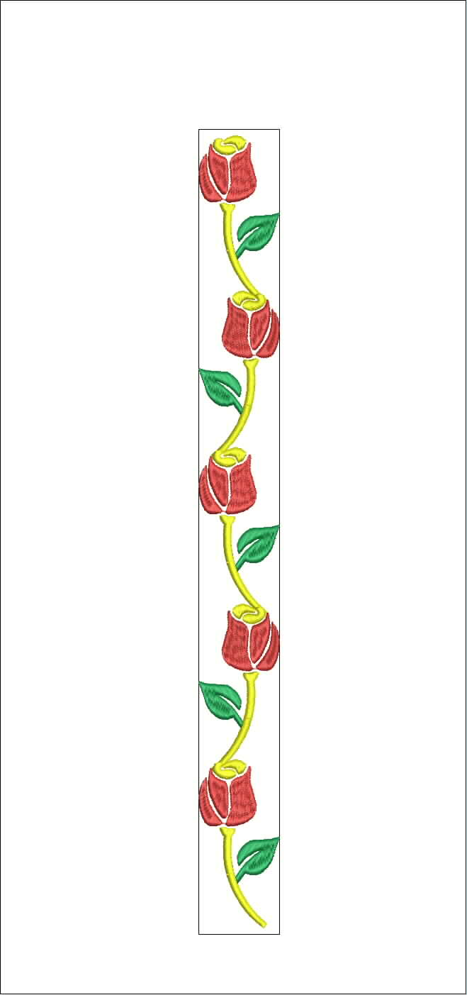 Embroidery design: A vertical embroidery border featuring a repeating pattern of red and yellow roses with green leaves and yellow vines.