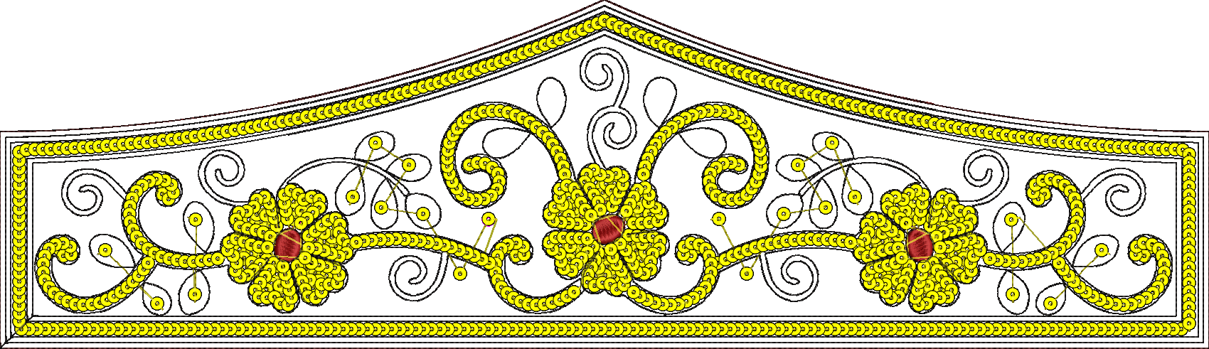 Embroidery design: A symmetrical, decorative border embroidery design featuring a repeating floral motif with yellow flowers and red center